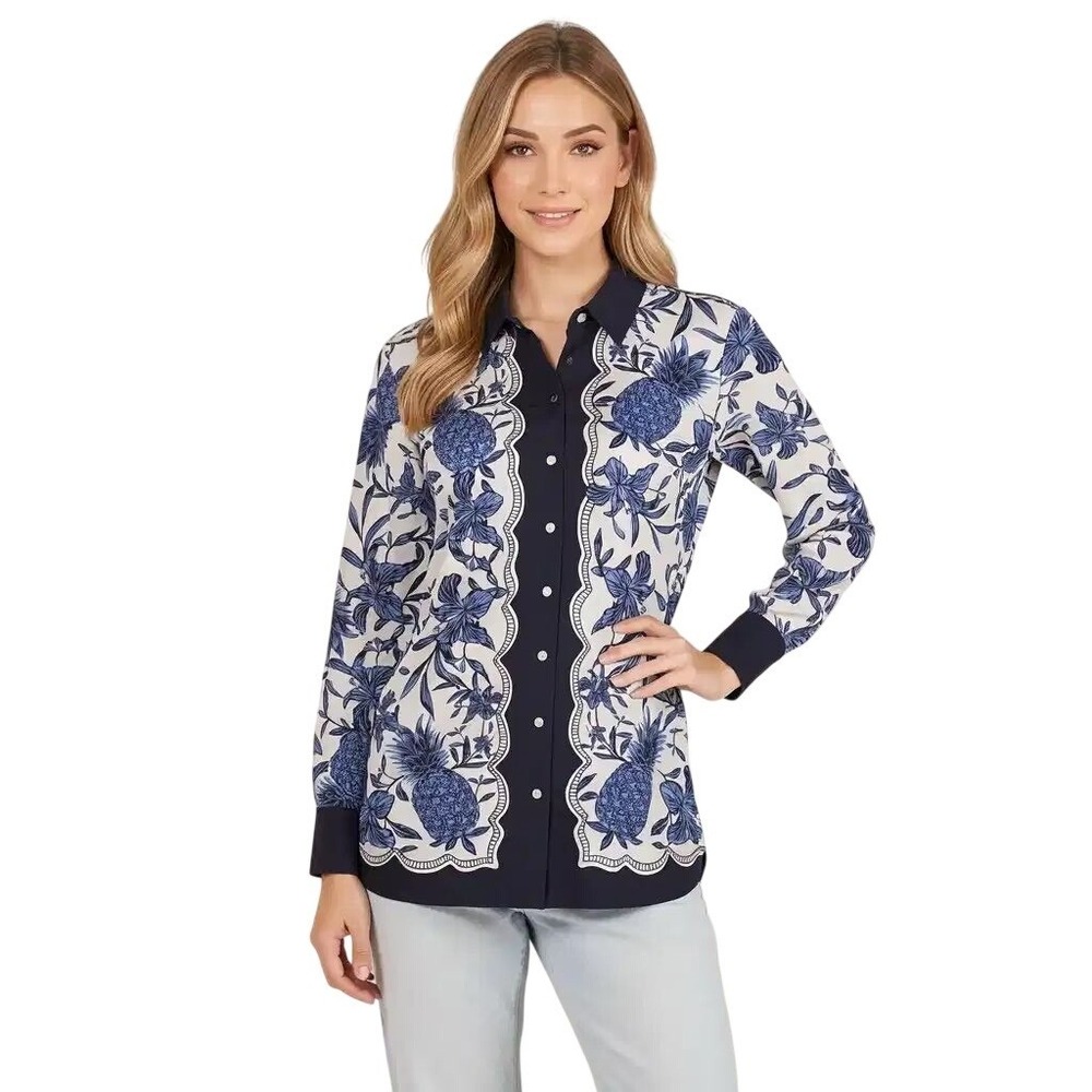 Free Assembly Womens Blue Pineapple Floral Button-Down Shirt Nvy Trim Size S NWT